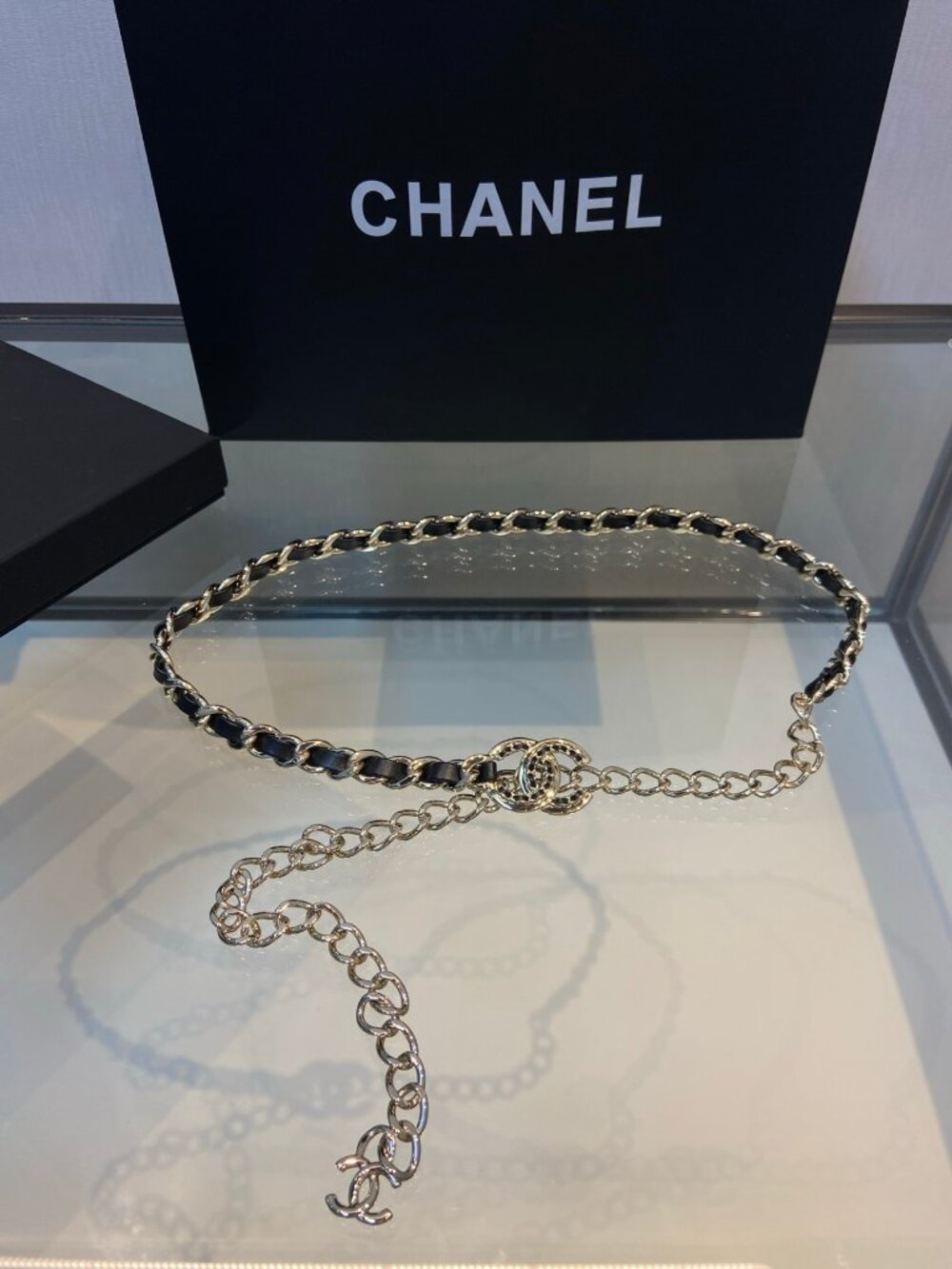 Chanel Silver-Tone Crystal CC Chain Belt with Black Leather